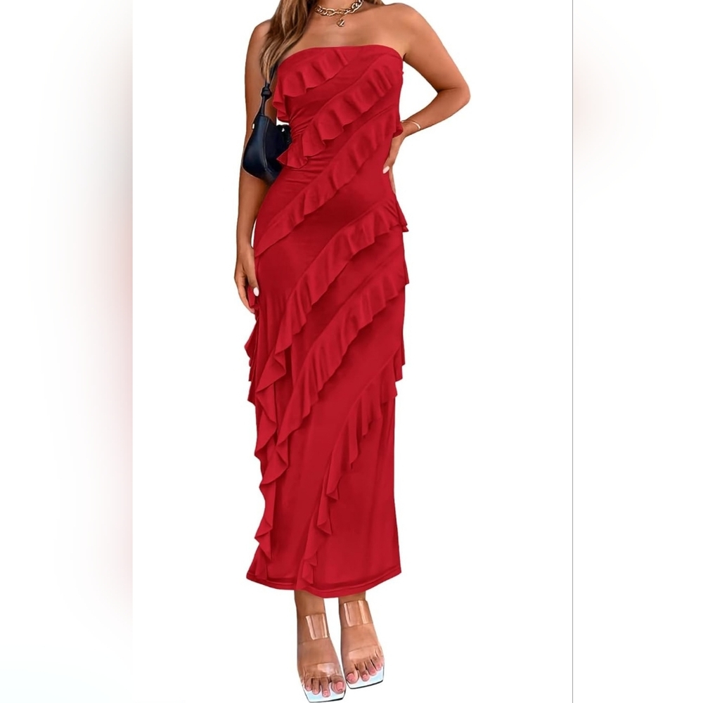 Elegant Strapless Midi Ruched Red Ruffle Bodycon Party Dress Stretch Slim